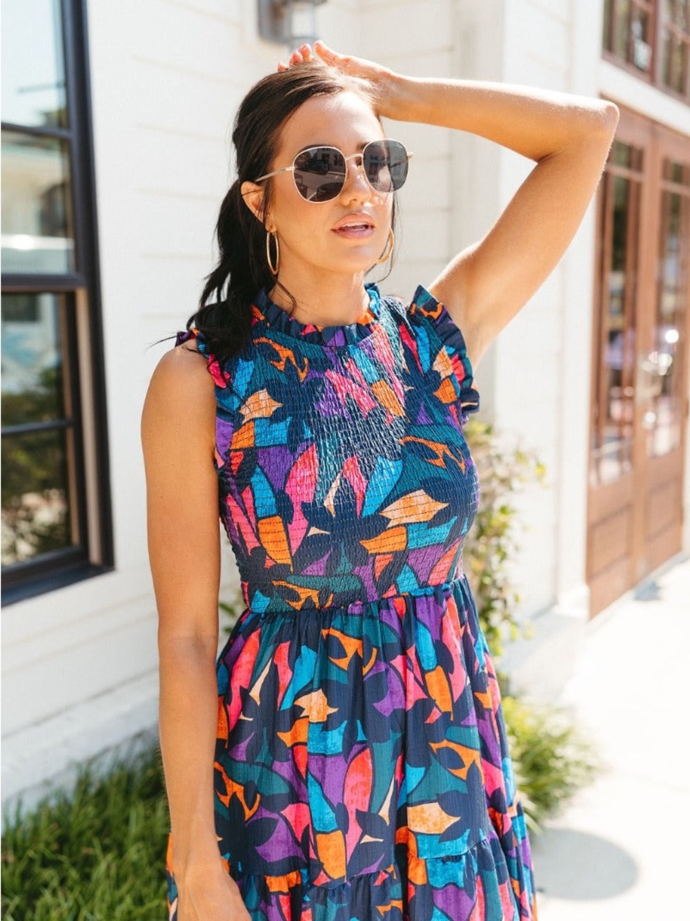 NWT PEACH LOVE FLORAL Pink Purple Orange SMOCKED SLEEVELESS MAXI DRES SZ S M L - Picture 3 of 4